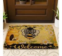 Paillasson en nid d'abeille rustique motif abeille, chrysanthème, jaune, lavable, profil bas, tapis d'entrée pour porche, salle de bain, bureau, 73,6 x 43,2 cm