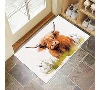 Paillasson Entree 45 X 75 Cm, Animaux À L'Aquarelletapis Entrée Interieur Antidérapant, Doux Et Confortable Lavable Paillassons pour Porte, Couloir, Chambre,Blanc Bovins des Highlands