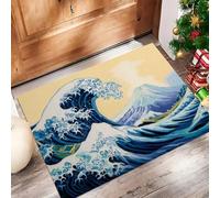 Paillasson Entree 50 X 80 Cm, Style Ukiyo-Etapis Entrée Interieur Antidérapant, Doux Et Confortable Lavable Paillassons pour Porte, Couloir, Chambre,Beige Vagues Bleues L'Océan