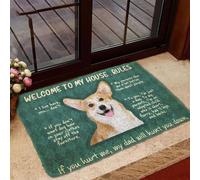 paillasson Exterieur Entree Tapis de Porte « Corgi Corgi Bienvenue chez Moi » avec Les règles de la Maison, Tapis de Porte Humoristique en Forme de Chien