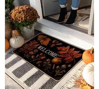 Paillasson « Fall Welcome » noir à feuilles pour entrée extérieure et intérieure, décoration d'automne, caoutchouc imperméable, antidérapant, attrape la poussière, entretien facile, 73,6 x 43,2 cm