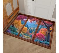 Paillasson Fenêtres En Bois Arbres D'Automne 45 x 75 cm, Lavable D'intérieur, à Poils Courts, Tapis Paysages Naturels D'Automne, Pliable Antidérapant, Idéal Pour Porte D'entrée Cuisine Patio