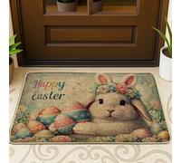Paillasson festif fantaisie, œufs de Pâques, fleurs de Pâques, bleu pastel, tapis de bienvenue en caoutchouc antidérapant, décoration extérieure pour porte d'entrée, patio, 73,6 x 43,2 cm