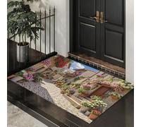 Paillasson Fleurs Architecture De Rue Lavable Pour L'intérieur - Poils Courts - Ville Européenne Romantique - 80 x 120 cm - Pliable - Antidérapant - Pour Porte D'entrée, Cuisine, Patio, Couloir