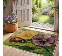 Paillasson floral printanier, pensée jaune et coccinelle pour extérieur et intérieur, décoration d'intérieur inspirée de la nature, antidérapant, imperméable, absorbant la poussière, facile à nettoyer