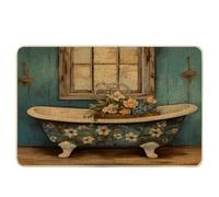 Paillasson floral rétro pour baignoire - Feuilles de fenêtre de ferme en bois - Bleu et jaune - Décoration de bureau, salle de classe, piscine, garage, maison, lavable et absorbant - 43,2 x 73,7 cm