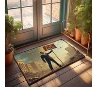Paillasson humoristique homme en costume tenant un panneau « À vendre » au milieu d'un paysage urbain ruiné Tapis de bienvenue pour porte d'entrée ou sous-sol (65 x 90 cm)