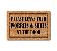 Paillasson humoristique pour entrée 40,4 cm (l) x 60,2 cm (L) Inscription « Please Leave Your Shoes and Worries at The Door » Tapis de porte humoristique pour entrée Tapis de porche Cadeau