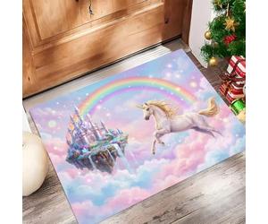 Paillasson Imprimé Château Rêve Sous Un Ciel Étoilé Avec Envers Tpr Antidérapant, Tapis Absorbant 90X150Cm Romance Licornes Nuages Pour Extérieure Intérieur Lavable En Machine Tapis, Bleu Poudre
