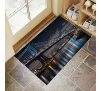 Paillasson Imprimé Vue Nocturne Du Pont De Manhattan À New York Avec Envers En Tpr Antidérapant, Tapis Absorbant 90X150Cm Ville Moderne Pour Entrée Extérieure Intérieur Lavable En Machine Tapis, Noir