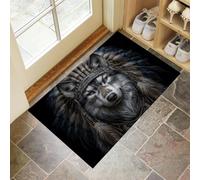 Paillasson Intérieur 40 x 60 cm Tapis Entrée Intérieur Extérieur Imperméable, Antidérapant,Absorbant,Coiffe De Style Indien Loup Tapis pour Entrée,Lavable Cuisine,Salle de Bain - Noir