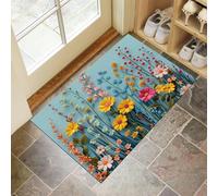 Paillasson Intérieur 45 X 75 Cm, Fleurs Sauvages 3D Absorbant Paillassons Interieur Entree, Lavable, Plantes Fleurs pour Entrée, Cuisine, Salle De Bain, Chambre - Bleu Clair