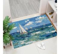Paillasson Interieur 45 x 75 cm, Style de peinture à l'huile impressionniste Bateau à voile de mer Tapis d'Entrée Antidérapant et Lavable en Machine, Tapis de Sol Douces Absorbantes Bleu foncé