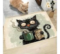 Paillasson Interieur Entree 60 x 90 cm, Tapis Bienvenue Fin Animaux Dessin Animé Antidérapant Lavable Tapis de Porte Chat Noir Surpris Facile à Nettoyer pour Couloir Cuisine Salle Bain, Vert Clair