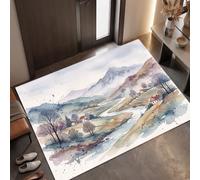 Paillasson Interieur Paysage Campagne À L'Aquarelle 90 x 150 cm | Tapis d'Entrée Maisons Rétro Vallée Antidérapant et Lavable en Machine, Absorbantes pour Chien,Porte, Passage, Cuisine Gris-Vert