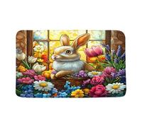 Paillasson Lapin De Pâques Printanier, Vitrail, Fleurs Colorées, Plante, Mignon, Moderne Tapis D'Entrée Antidérapant Paillasson Interieur Lavable en Machine pour Cour Balcon 40X60 Cm