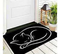 Paillasson Lavable Chat Noir Enroulé sur Lui-Même, Attrape-Poussière Dessin Minimaliste d'un Animal Au Trait Fin Tapis De Sol, Tapis Antidérapant à Poils Courts pour Entrée, 60 x 90 cm