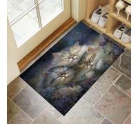 Paillasson Lavable Ciel Étoilé Fleurs Chat, Attrape-Poussière Animaux Peints À L'Huile Oniriques Fin Tapis De Sol, Tapis Antidérapant à Poils Courts Pour Entrée, Cuisine, Porte D'entrée, 80 x 120 cm