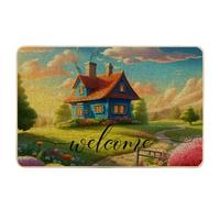 Paillasson lavable de printemps Cottage Nature Ferme Fleur Ciel Nuage Dessin animé Vert Bleu Caoutchouc Absorbant Décorations Porte d'entrée Intérieur Extérieur Bureau Salle de classe Imperméable