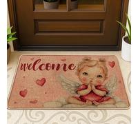 Paillasson motif ange, cœurs ludiques, nuages, printemps, pêche, antidérapant, attrape la saleté, tapis d'entrée pour maison, bureau, extérieur, intérieur, entrée, décoration, 73,6 x 43,2 cm