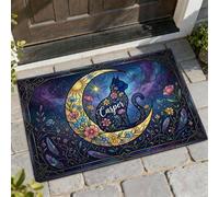 Paillasson motif chat bienvenue, fleurs de lune fantaisie, Halloween, bleu, lavable, profil bas, décoration extérieure pour porte d'entrée, terrasse, 73,6 x 43,2 cm