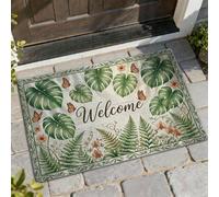 Paillasson motif feuilles de bienvenue, papillons naturels tropicaux, fleurs d'été, vert d'été, tapis de sol, lavable, décoration d'intérieur pour entrée, extérieur, porche, balcon, 73,6 x 43,2 cm