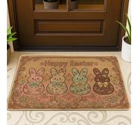 Paillasson motif lapin, motif floral et nœud de Pâques - Lavable - Marron - Profil bas - Pour la maison, le bureau, l'extérieur et l'entrée intérieure - 73,7 x 43,2 cm