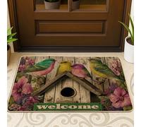 Paillasson motif oiseaux, fleurs rustiques, maison à oiseaux, printemps, multicolore, lavable, profil bas pour sol, décoration d'intérieur pour entrée, extérieur, porche, balcon, 73,6 x 43,2 cm