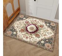 Paillasson Motifs Floraux géométriques - 50 x 80 cm - avec Dos en TRP antidérapant - Tapis d'entrée - Style Persan Classique - Lavable - pour l'intérieur et l'extérieur - Beige