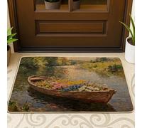 Paillasson noir à motif de bateau en bois avec fleur et rivière - 73,6 x 43,2 cm - Motif bateau côtier floral amusant - Petit tapis imprimé peinture à l'huile pour patio, garage, chaussures hors de la