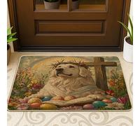 Paillasson noir avec motif de chien des Pyrénées - Printemps de Pâques - 73,6 x 43,2 cm - Motif croix rétro - Chiot - Ultra fin - Motif chaussures de campagne - Pour terrasse