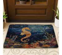 Paillasson noir de style matelassé avec motif hippocampe océan, 73,6 x 43,2 cm, tapis d'extérieur ultra fin, motif imprimé chaussures sous-marines, tapis de porte pour terrasse