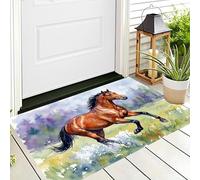 Paillasson Prairies Chevaux Au Galop Lavable D'intérieur, à Poils Courts, Tapis Animaux À L'Aquarelle, 80 x 120 cm, Pliable, Antidérapant, pour Porte D'entrée, Cuisine, Patio