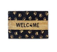 Relaxdays Paillasson fibres de coco Imprimé Welcome et pattes de chat 60 x 40 cm tapis de sol porte entrée dessous antidérapant caoutchouc PVC intérieur extérieur essuie-pieds natte, noir