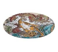 Paillasson Rond antidérapant de 89 cm, Tapis d'entrée pour extérieur ou intérieur, Motif Dragon Chinois et Tigre en Cascade.