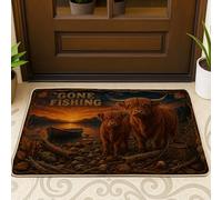 Paillasson rustique avec inscription « Highland Cattle Welcome » - Motif bateau de campagne et montagnes - Marron - Lavable - Profil bas - Décoration extérieure pour porte d'entrée, terrasse - 73,6 x