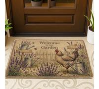 Paillasson rustique avec motif de poule - Arrosoir - Lavande - Marron - Antidérapant - Décoration d'extérieur pour porte d'entrée, terrasse, 73,6 x 43,2 cm