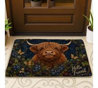 Paillasson rustique avec motif vache des Highlands, motif papillon et baies d'automne - Lavable - Profil bas - Décoration d'entrée pour porche, salle de bain, bureau - 73,6 x 43,2 cm