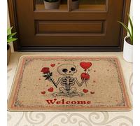 Paillasson squelette d'Halloween fantaisie, cœur rose, rouge, lavable, profil bas pour la maison, l'intérieur, l'extérieur, l'entrée, le porche, 73,6 x 43,2 cm