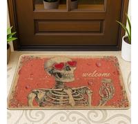 Paillasson squelette vintage en forme de cœurs et de lunettes de soleil pour Halloween, rouge, antidérapant, décoration d'intérieur pour entrée, extérieur, porche, balcon, 73,6 x 43,2 cm