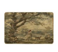 Paillasson vintage floral élégant, motif femme victorienne marron ivoire avec chien pour décoration d'entrée d'automne et d'hiver, caoutchouc naturel, imperméable, antidérapant, facile à nettoyer