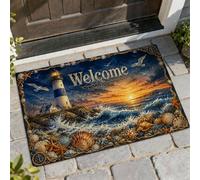 Paillasson « Welcome » avec motif phare, coquillages côtiers, vagues d'été, bleu, lavable, profil bas, décoration pour porche, salle de bain, bureau, 73,6 x 43,2 cm