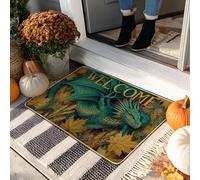 Paillasson « Welcome Dragon » vert - Tapis de porte fantaisie pour l'automne, l'extérieur et l'intérieur - Caoutchouc imperméable, antidérapant, résistant à la saleté, facile à nettoyer, 73,6 x 43,2