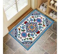 Paillassons pour entrée 90 x 150 cm Tapis de Porte Conception De Tuiles Interieur et Extérieur Tapis De Magnifiques Fleurs Antidérapant Absorbant, Facile à Nettoyer pour Couloir Chambre Cuisine, Bleu