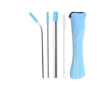 Paille En Acier Inoxydable Ensemble de pailles en acier inoxydable avec embouts silicone réutilisables et sac rangement, brosse nettoyage for boissons(Blue)