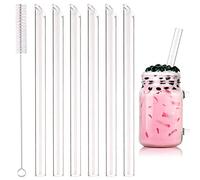 Paille en Verre réutilisables, 6 pièces 14mm Droit Pailles en verre Transparentes et 1 brosses de Nettoyage, paille bubble tea pour cocktail, jus de fruits, gin