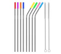 Paille Inox 8-Pack Stainless Steel Straws 10.5” Long Reusable Replacement Metal Straws With 8 Silicone Tips 2 Cleaning Brush