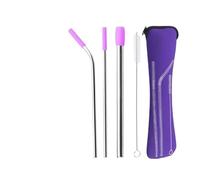 Paille inox Embouts en Silicone réutilisables, ensemble de paille acier inoxydable avec sac rangement, brosse nettoyage, verres(Purple)