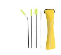 Paille Inox Ensemble de pailles en acier inoxydable avec embouts silicone réutilisables et sac rangement, brosse nettoyage for boissons(Yellow)