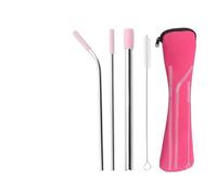 Paille Inox Ensemble de pailles en acier inoxydable avec embouts silicone réutilisables et sac rangement, brosse nettoyage for boissons(Pink)